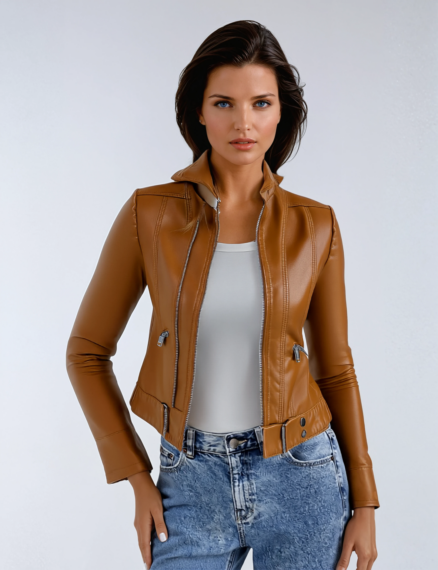Dames leren jas – Biker Model met Rits