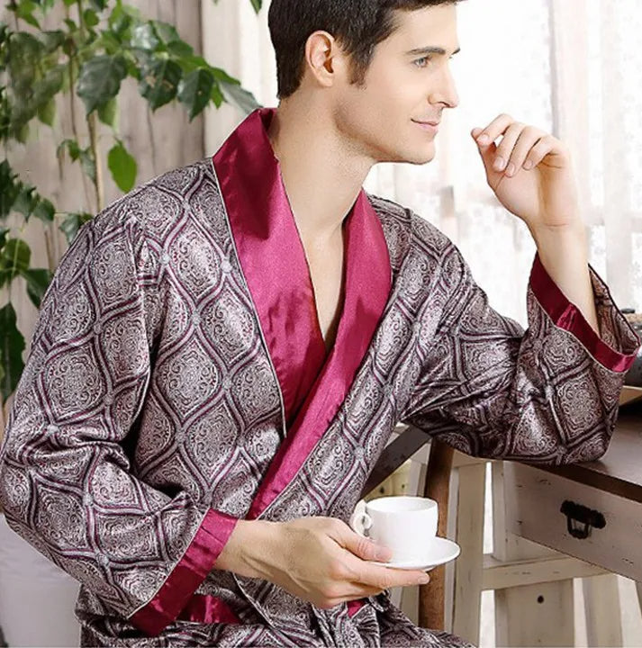 Luxe Heren Kimono – Elegante Satijnen Badjas met Oosters Design