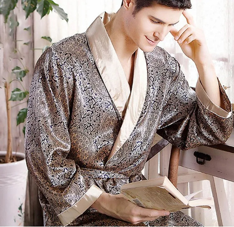 Luxe Heren Kimono – Elegante Satijnen Badjas met Oosters Design