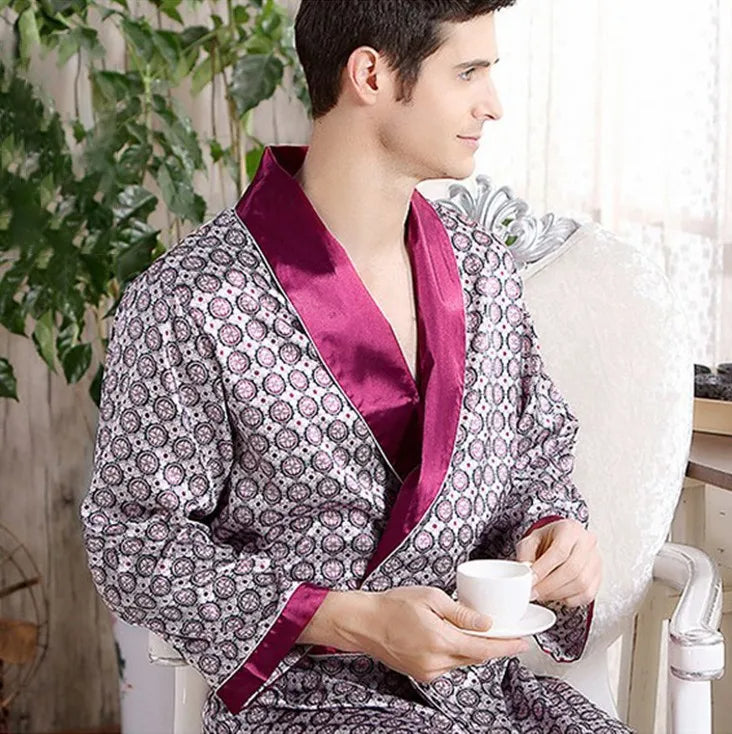 Luxe Heren Kimono – Elegante Satijnen Badjas met Oosters Design