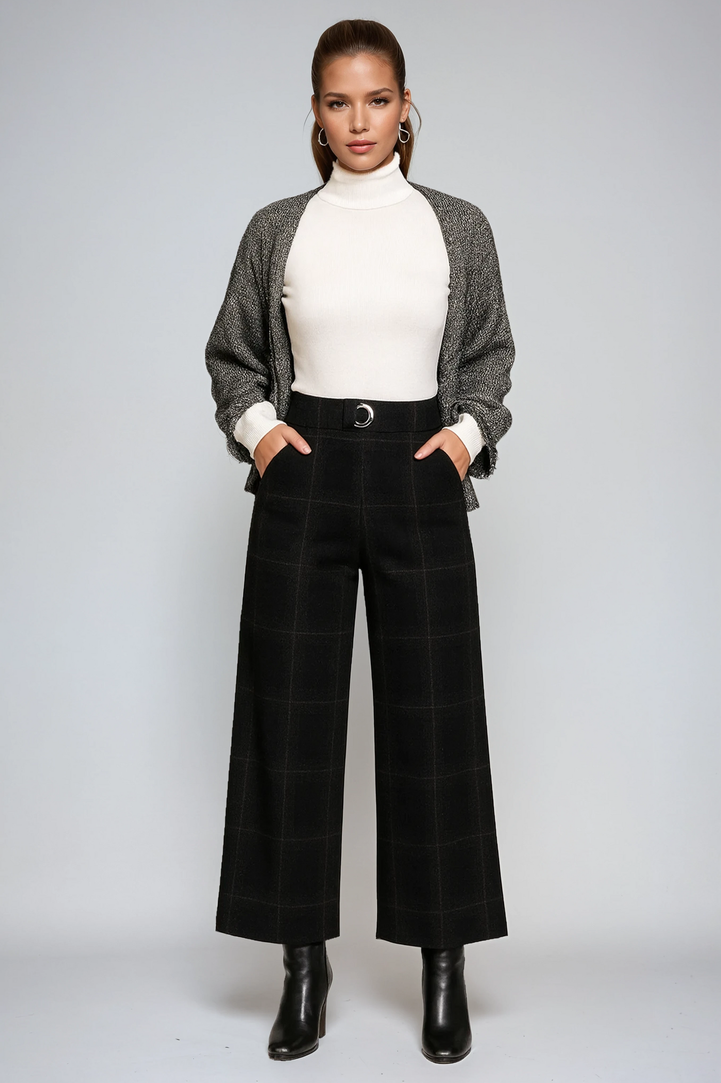 Dames Pantalon met Ruitpatroon – Hoge Taille & Wijde Pijpen