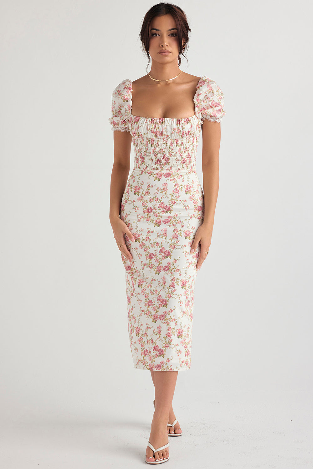 Elegant gesmokte midi-jurk met bloemendessin