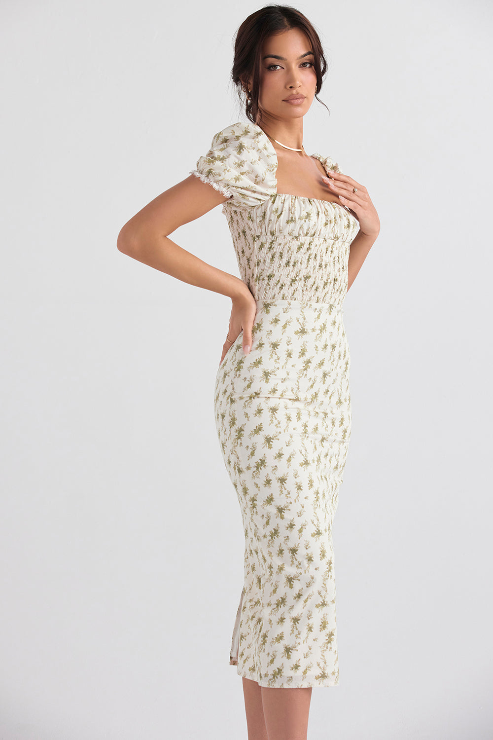Elegant gesmokte midi-jurk met bloemendessin