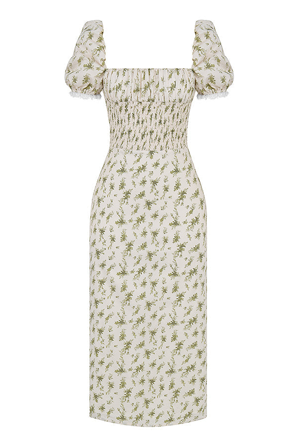 Elegant gesmokte midi-jurk met bloemendessin