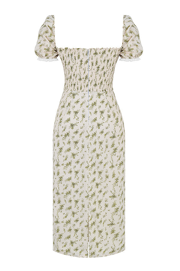 Elegant gesmokte midi-jurk met bloemendessin