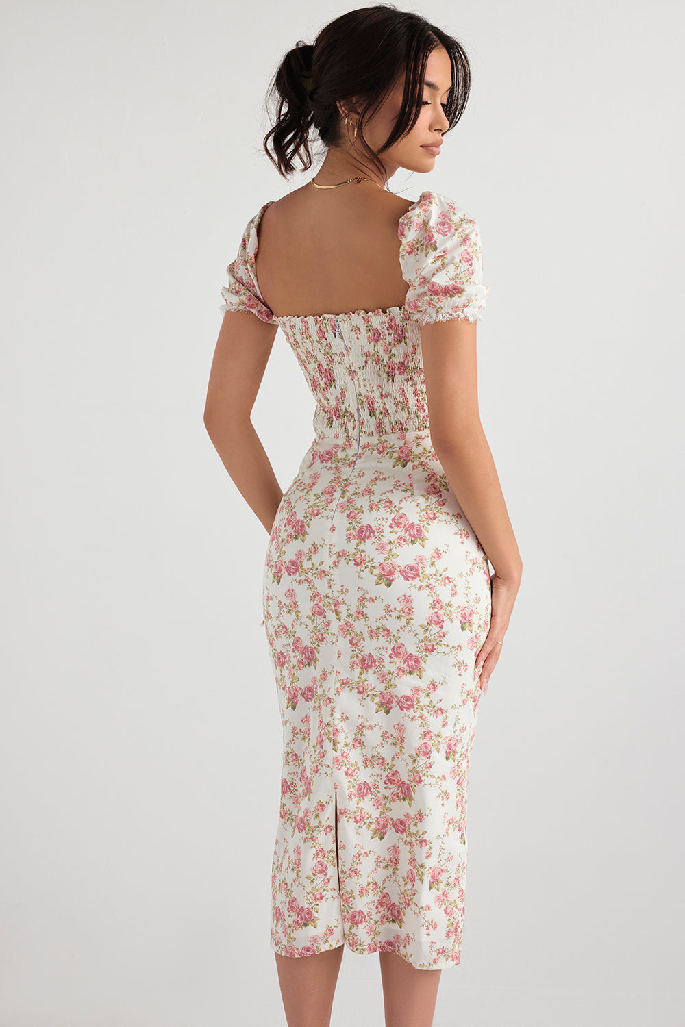 Elegant gesmokte midi-jurk met bloemendessin