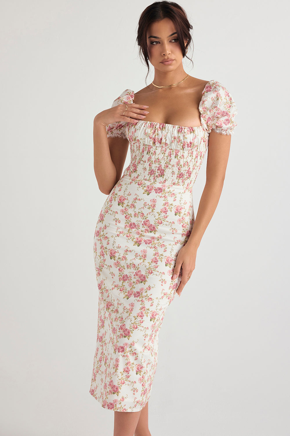 Elegant gesmokte midi-jurk met bloemendessin