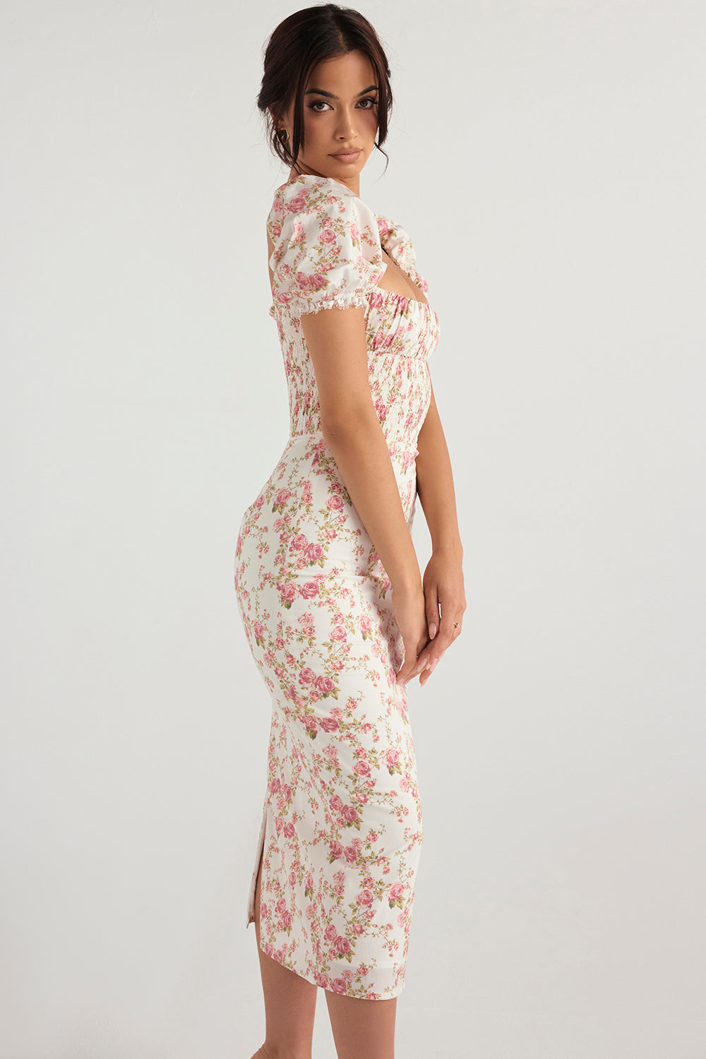 Elegant gesmokte midi-jurk met bloemendessin
