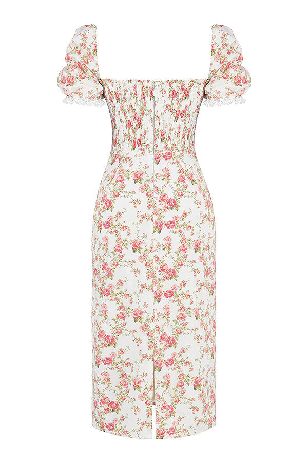 Elegant gesmokte midi-jurk met bloemendessin