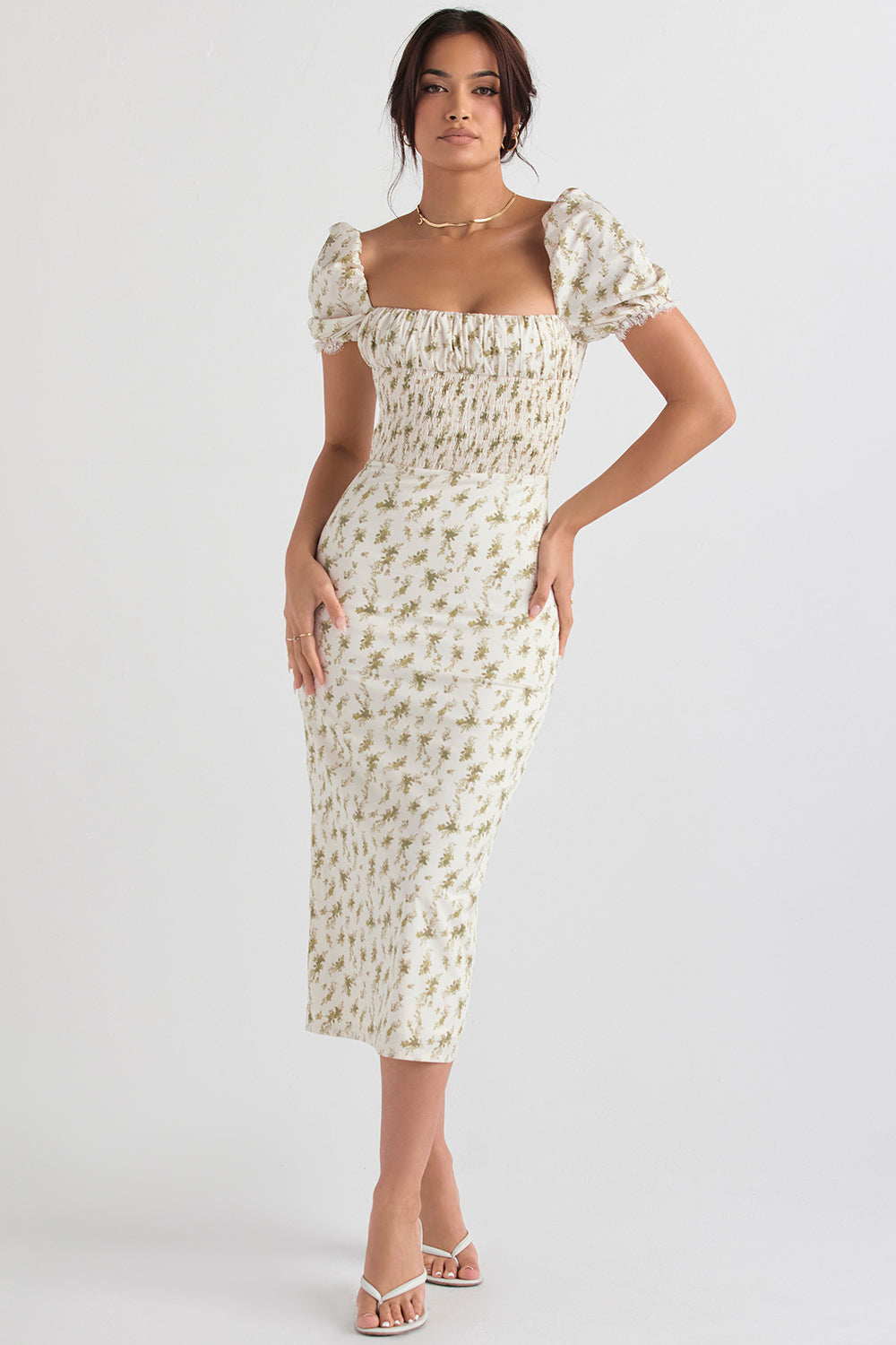 Elegant gesmokte midi-jurk met bloemendessin