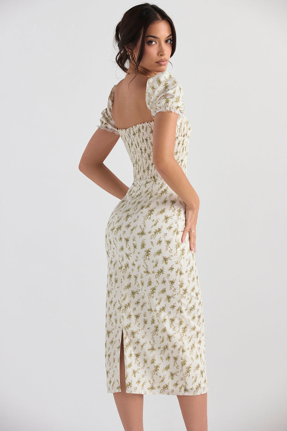 Elegant gesmokte midi-jurk met bloemendessin