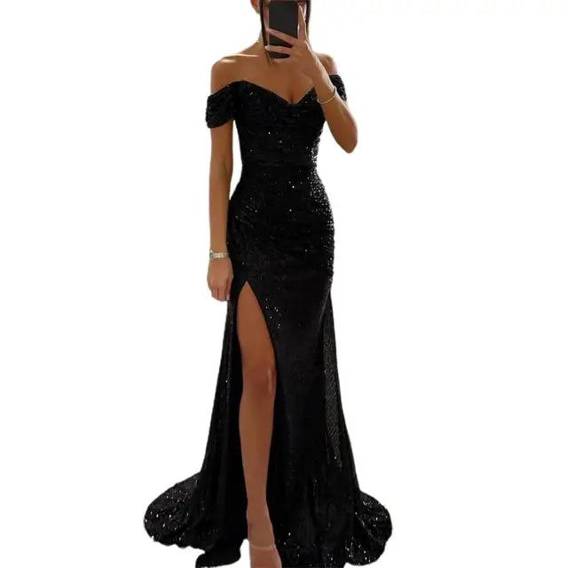 Elegante Avondjurk met Lovertjes en Hoge Split