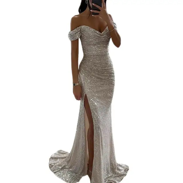 Elegante Avondjurk met Lovertjes en Hoge Split