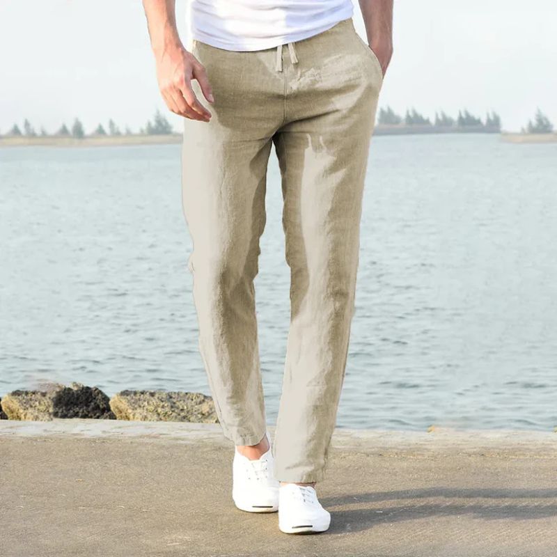 Heren zomerbroek van linnen in beige kleur, met elastische tailleband en casual fit – perfect voor warme dagen en ontspannen outfits