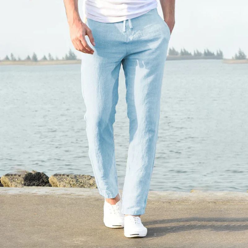 Heren zomerbroek van linnen in blauw kleur, met elastische tailleband en casual fit – perfect voor warme dagen en ontspannen outfits
