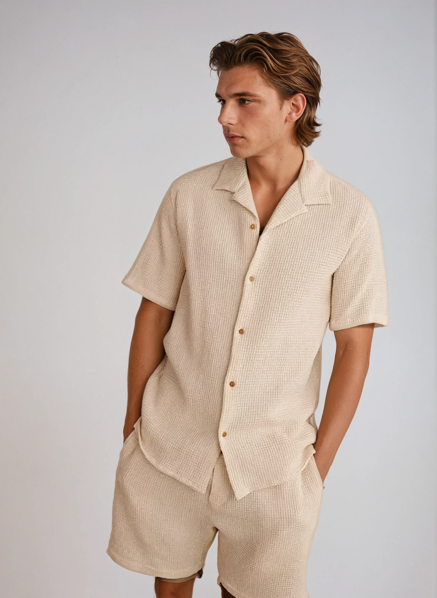 Heren Zomerset van Wafelstof – Luchtig Shirt en Korte Broek in Beige T-E