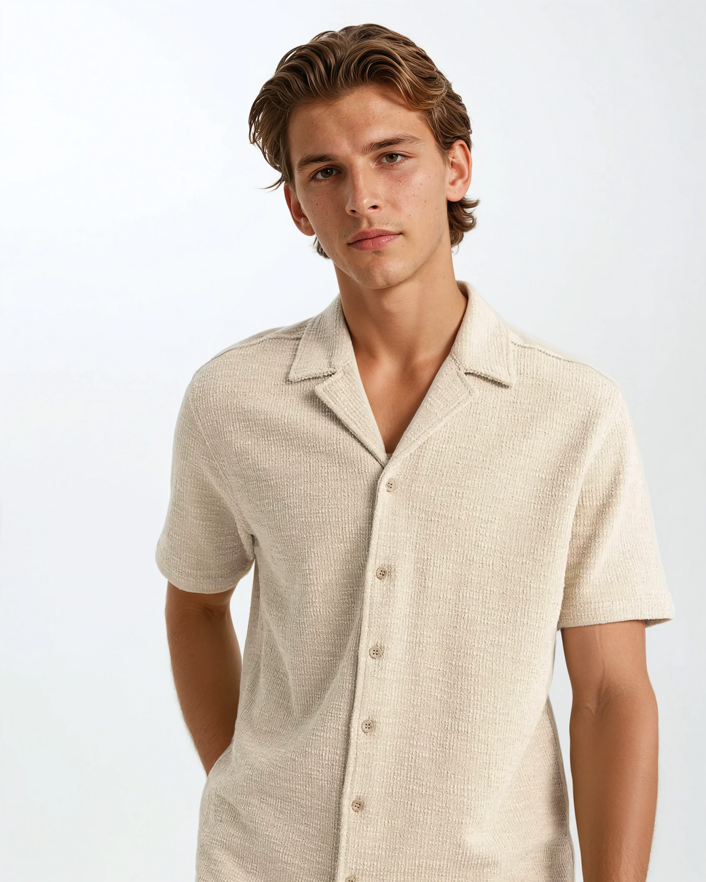 Heren Zomerset van Wafelstof – Luchtig Shirt en Korte Broek in Beige T-E