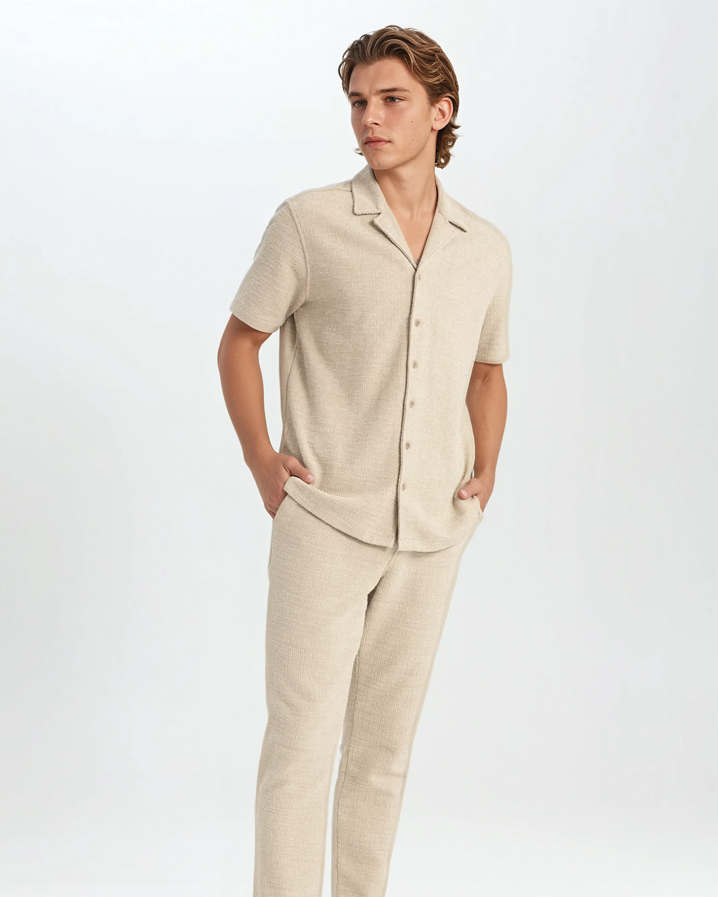 Heren Zomerset van Wafelstof – Luchtig Shirt en Korte Broek in Beige T-E