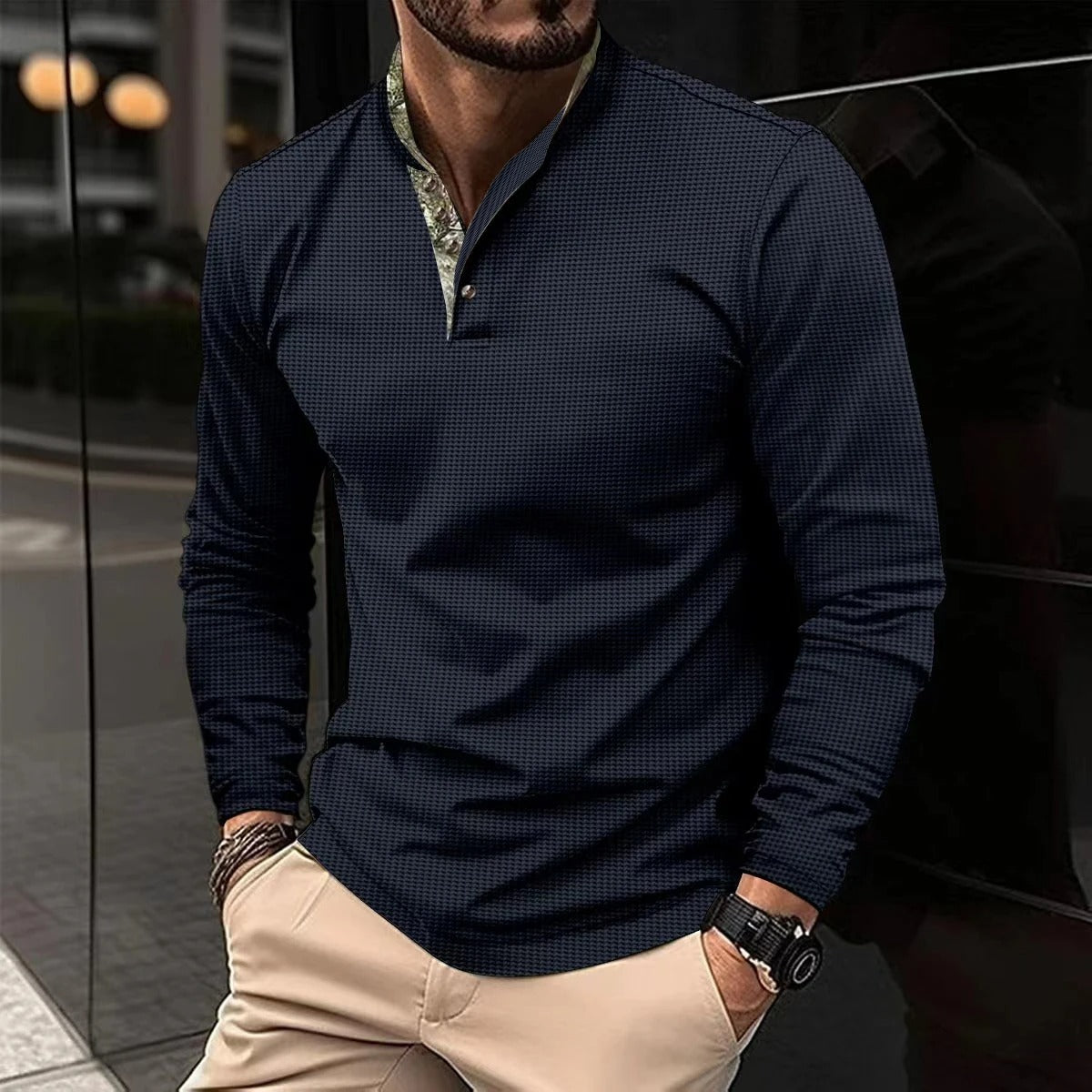 Jeff Heren Longsleeve Polo | Opstaande Kraag & Knoopsluiting