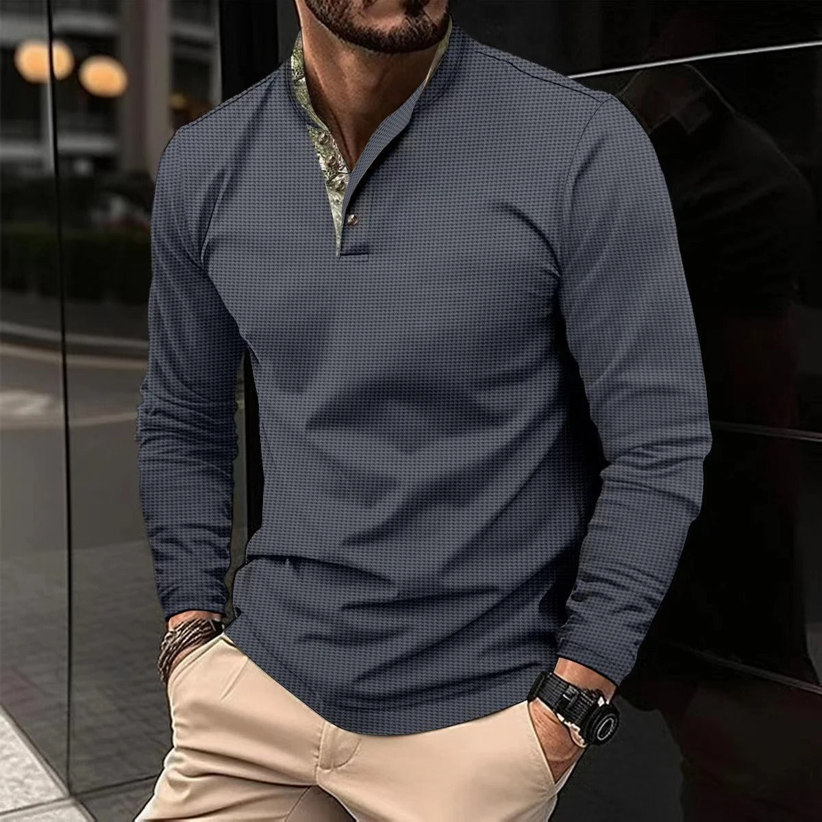 Jeff Heren Longsleeve Polo | Opstaande Kraag & Knoopsluiting