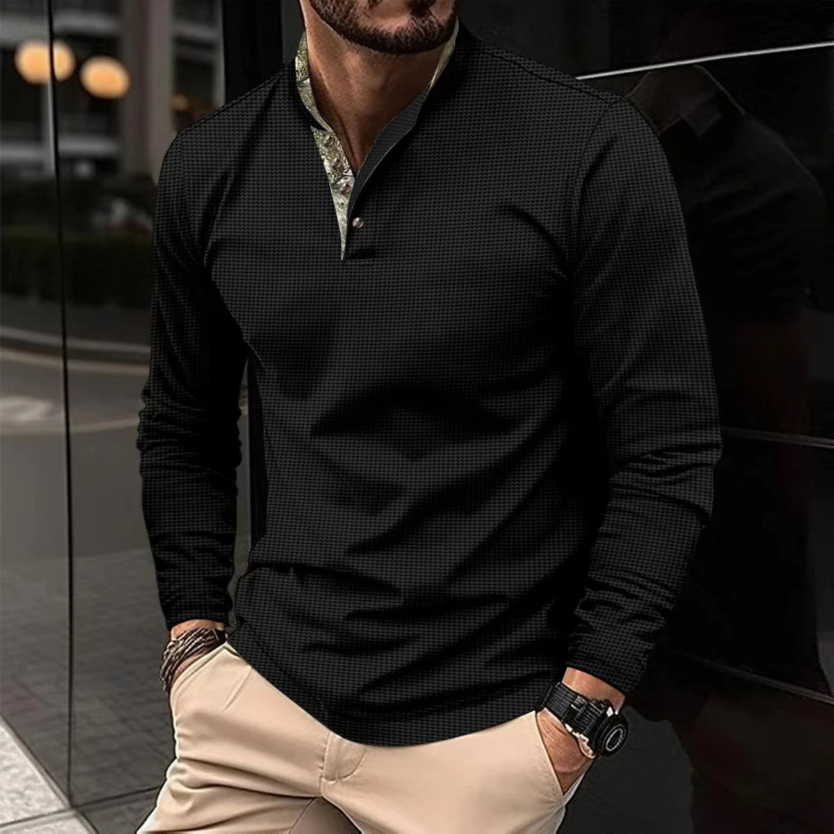 Jeff Heren Longsleeve Polo | Opstaande Kraag & Knoopsluiting