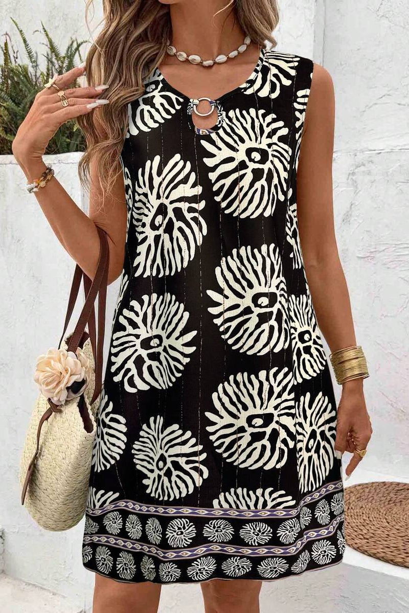 Dames Zomerjurk Mini Mouwloos | Grafische Print & O-Ring Detail