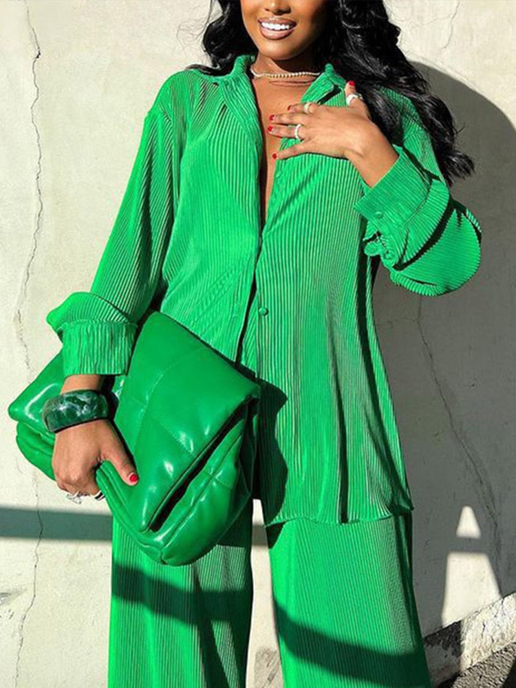 Dames Plissé Tweedelige Set – Modieuze Blouse en Broek