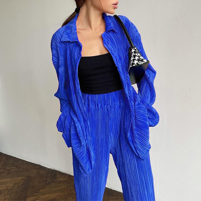 Dames Plissé Tweedelige Set – Modieuze Blouse en Broek