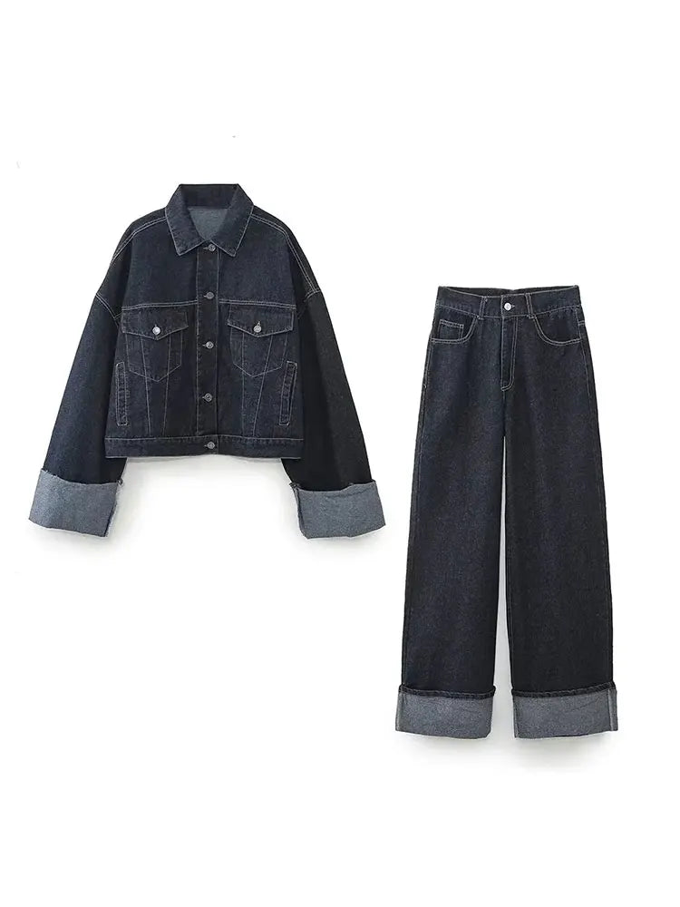 Voorjaar dames denim set – Comfortabele en stijlvolle jeans met cropped spijkerjack
