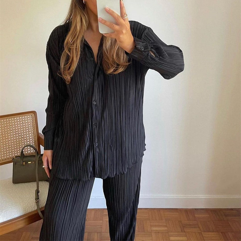 Dames Plissé Tweedelige Set – Modieuze Blouse en Broek