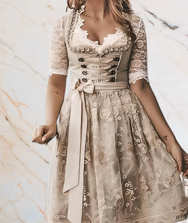 Oktoberfest Dirndl Jurk Dames – Beige met Kant