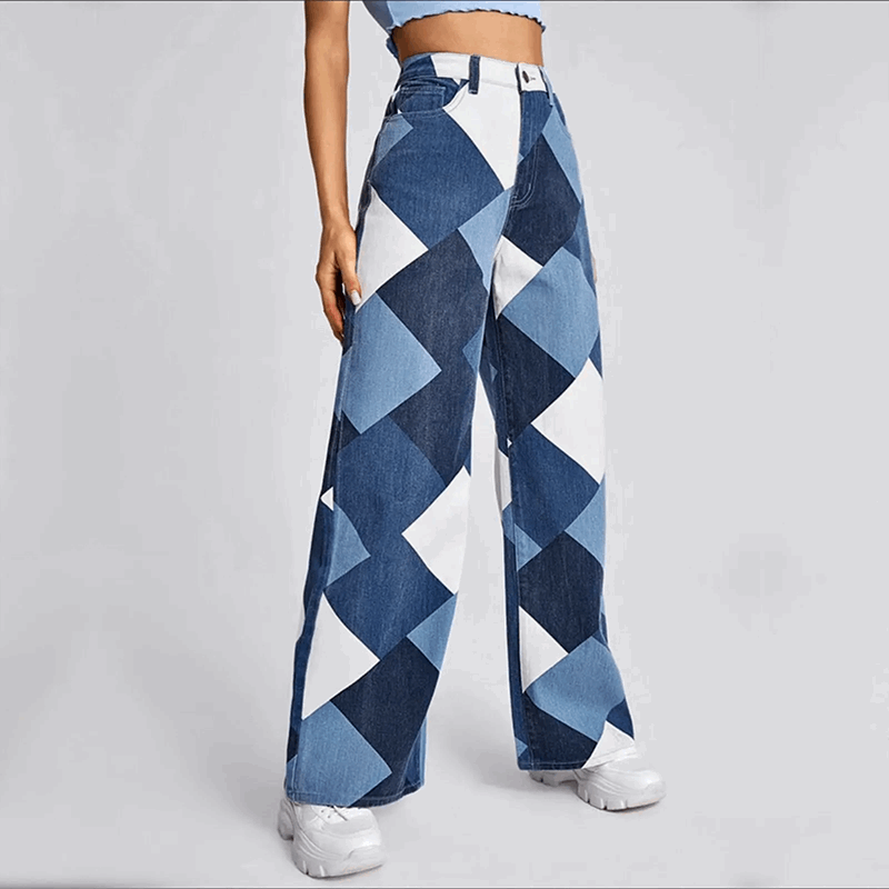 Trendy Wide-Leg Patchwork Jeans – Unieke High-Waist Spijkerbroek