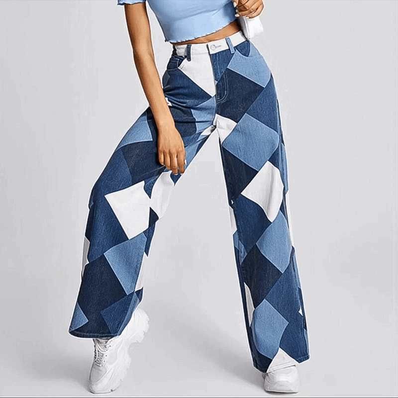 Trendy Wide-Leg Patchwork Jeans – Unieke High-Waist Spijkerbroek