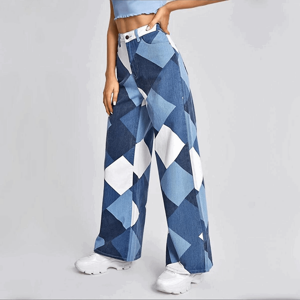 Trendy Wide-Leg Patchwork Jeans – Unieke High-Waist Spijkerbroek