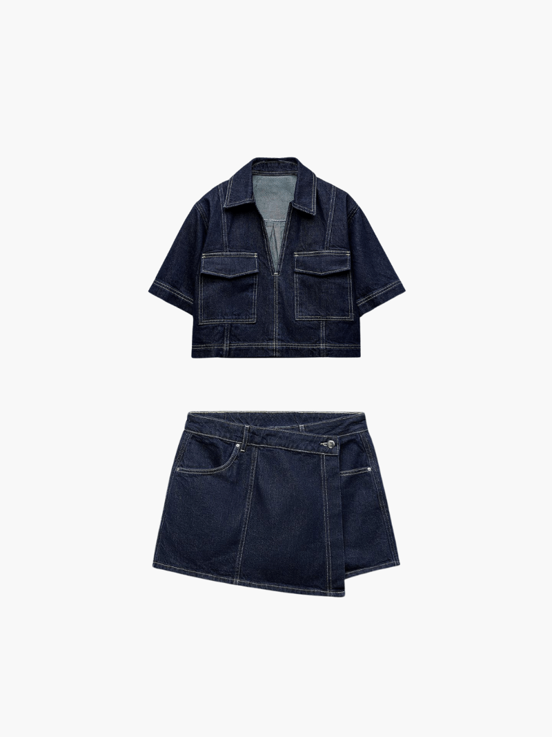 Trendy dames denim set in donkerblauw – zomerse co-ord top en asymmetrische rok