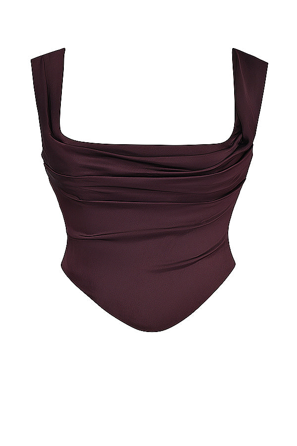 Tweedelige set met satijnen corset-top en maxirok in rijke tinten