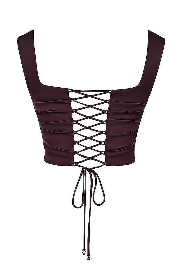 Tweedelige set met satijnen corset-top en maxirok in rijke tinten