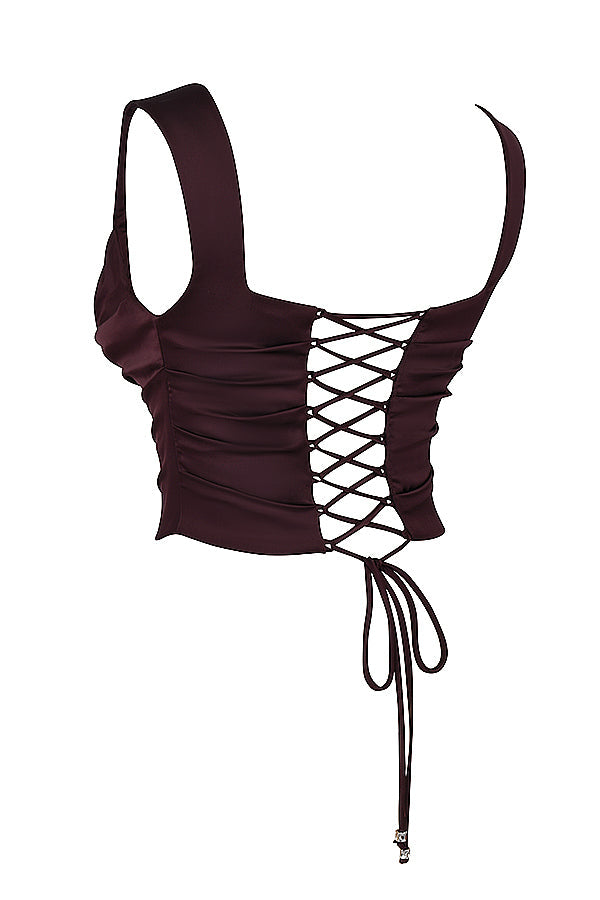 Tweedelige set met satijnen corset-top en maxirok in rijke tinten