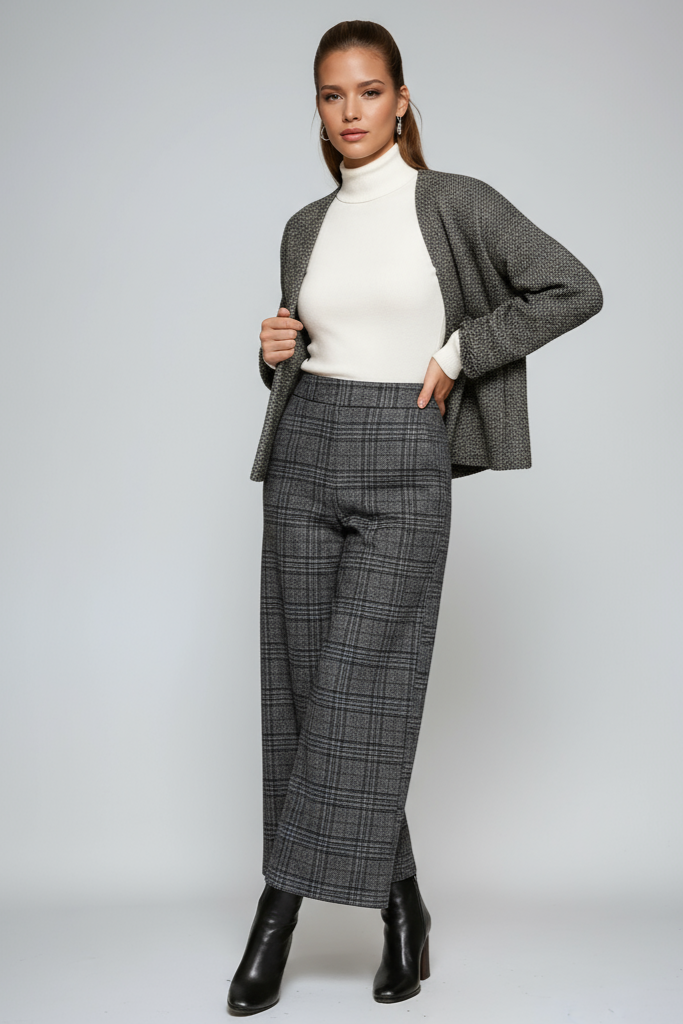 Dames Pantalon met Ruitpatroon – Hoge Taille & Wijde Pijpen