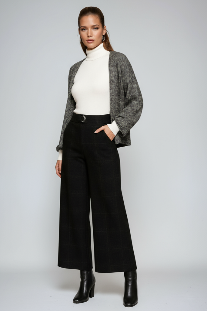Dames Pantalon met Ruitpatroon – Hoge Taille & Wijde Pijpen