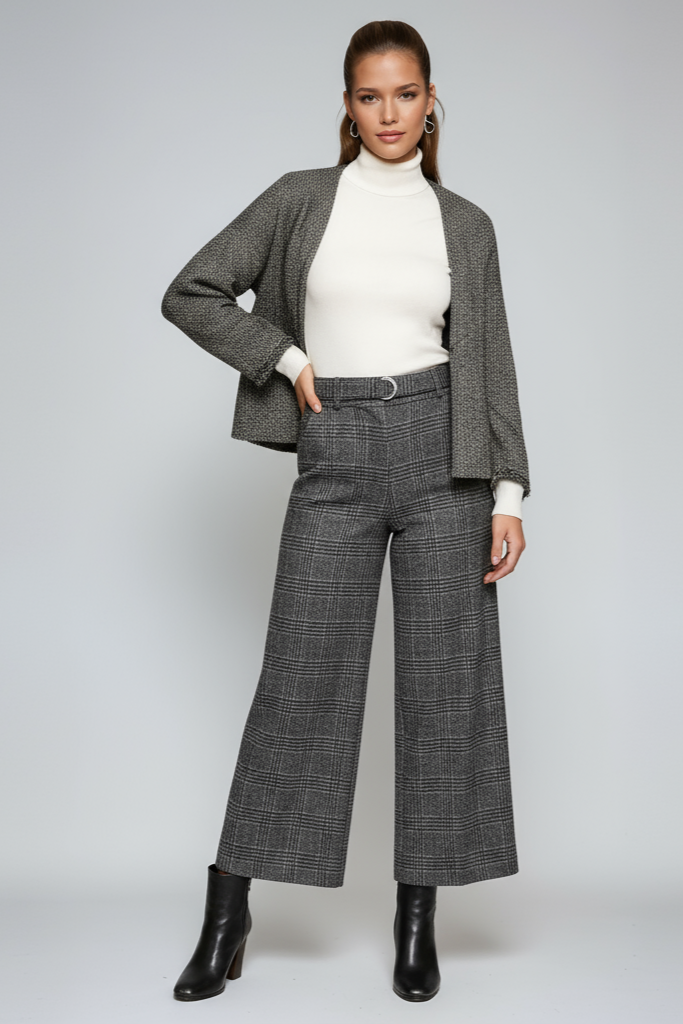 Dames Pantalon met Ruitpatroon – Hoge Taille & Wijde Pijpen