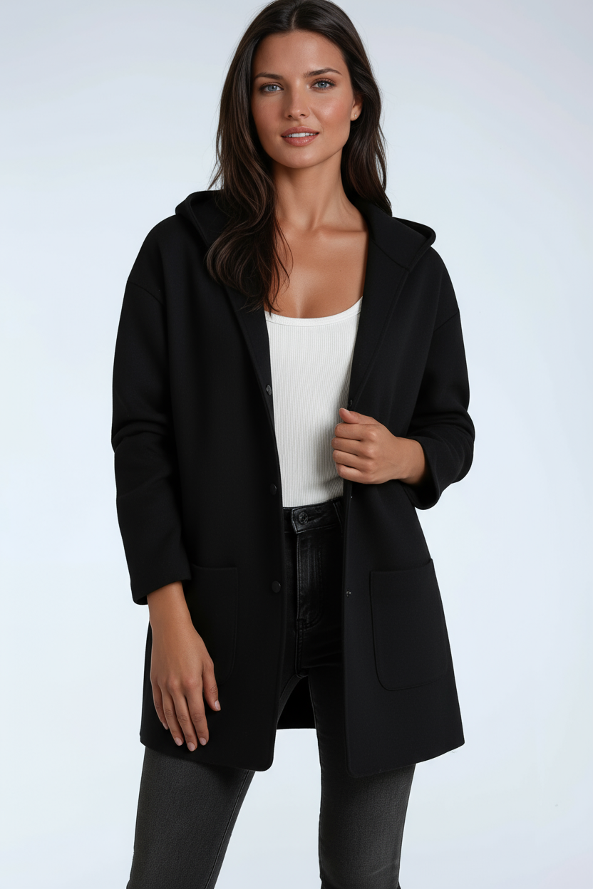 Jasmine Damesjas met Capuchon | Lange Jas met Drukknoopsluiting