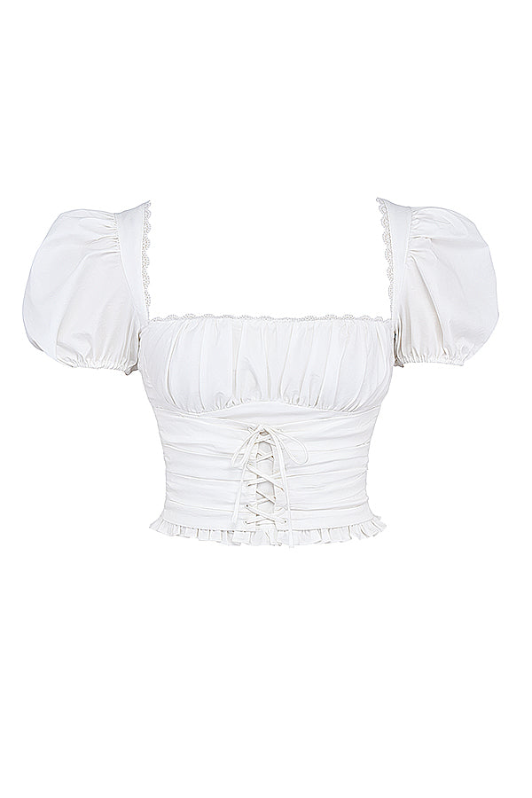 Witte geplooide crop top met beige overslag minirok
