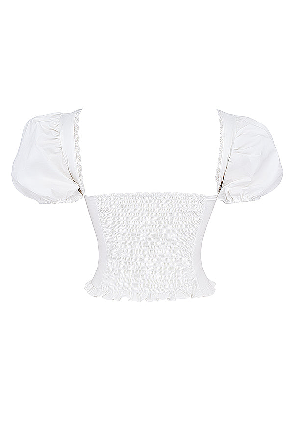 Witte geplooide crop top met beige overslag minirok