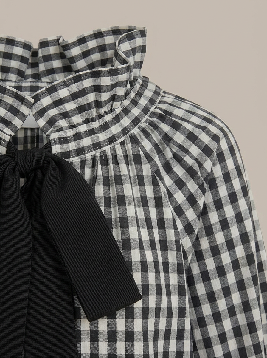 Blouse Dames met Strik | Geruite Blouse met Hoge Kraag