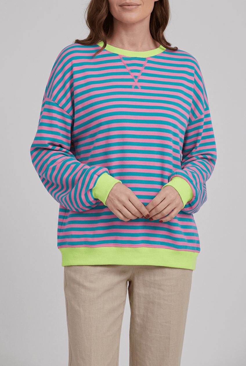Dames Oversized Sweater | Retro Streepprint & Contrasttrim