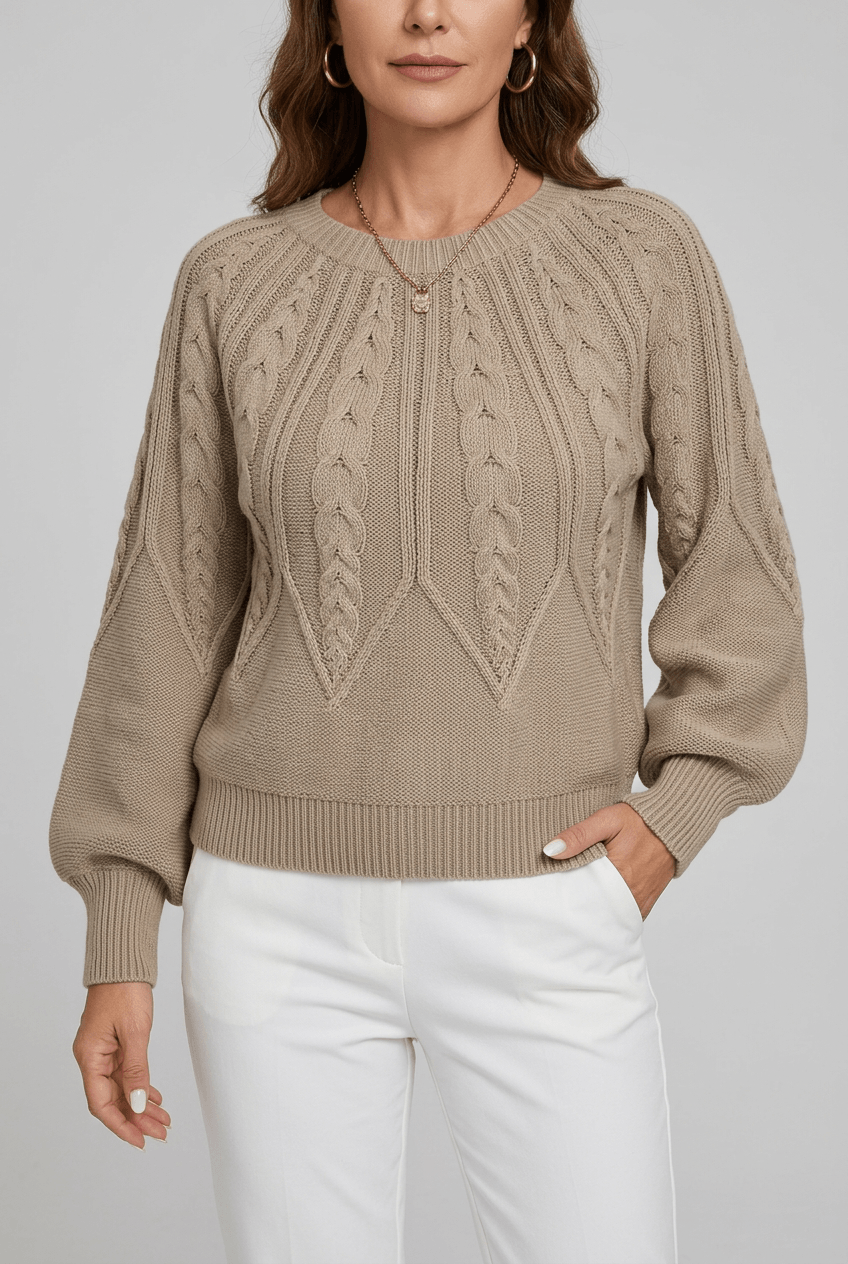 Dames Trui met Ronde Hals | Kabelpatroon & Lantaarnmouwen