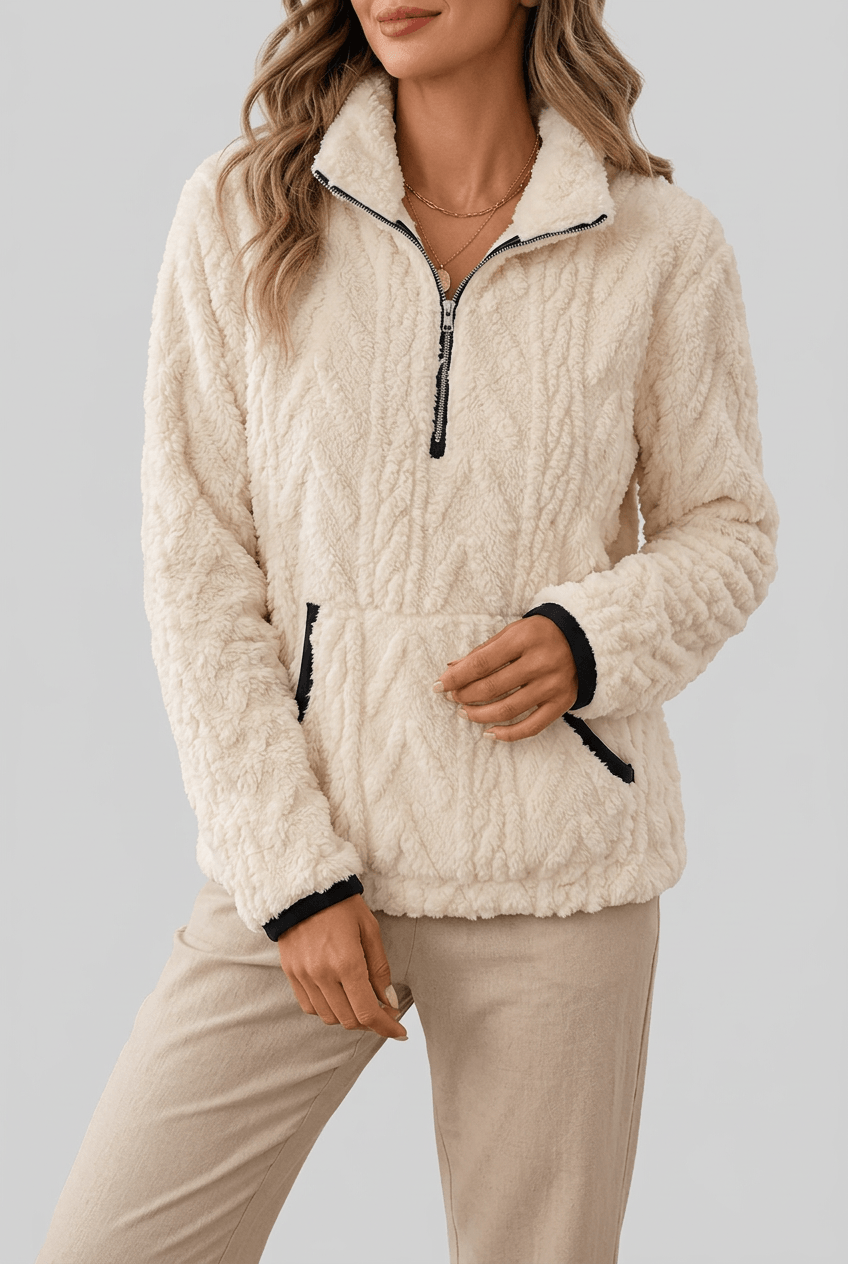Dames Fleece Trui met Rits | Kabelpatroon & Kangoeroezak