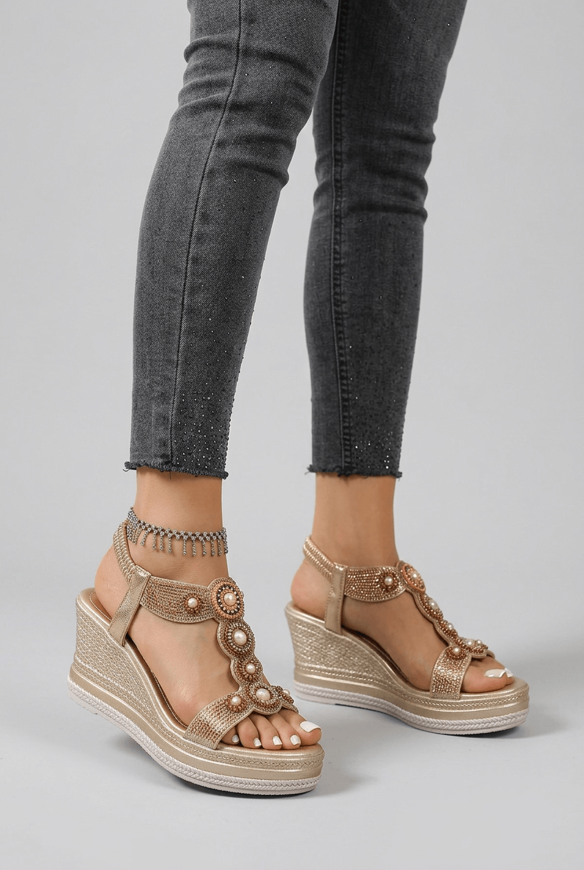 Dames Sandalen met Sleehak en Kralenversiering | Slingback