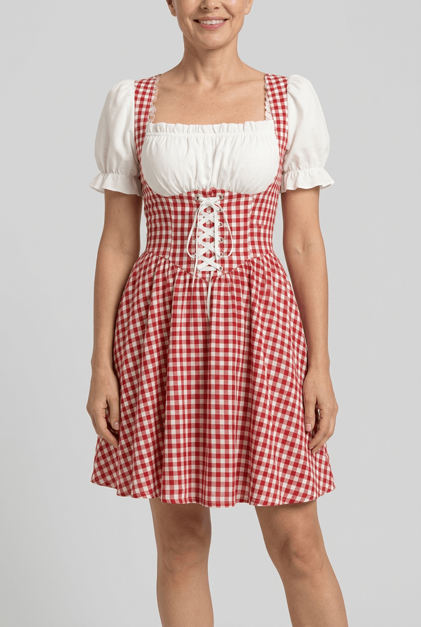 Oktoberfest Jurk Dames | Gingham ruit & Pofmouwen